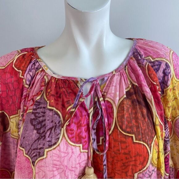 TOLANI COLLECTION Pink Sparkly Boho Tassel Fringe Oversized Poncho Tunic Blouse - Picture 4 of 13